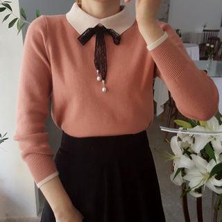 Contrast-collar Lace-ribbon Knit Top