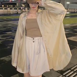 Set: Long Sleeve Shirt + Plain Camisole + Wide Leg Shorts As Shown In Figure - One Size