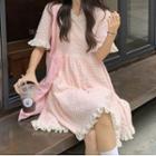 Elbow-sleeve Gingham Mini A-line Dress Pink - One Size