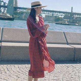 Heat Print Long-sleeve Ruffle Midi Dress