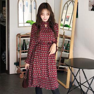 Cutaway-front Patterned Dress With Sash Wine Red - One Size