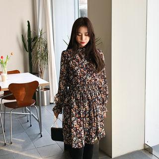Frill-neck Floral Print A-line Dress
