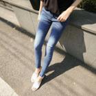 Banded-waist Washed Jeans