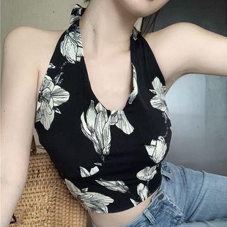 Flower Print Halter Top Black - One Size