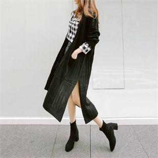 Open-front Slit-side Rib-knit Long Cardigan