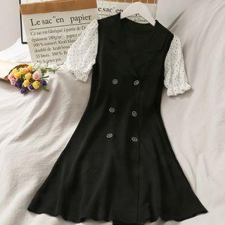 Dotted-sleeve Double-breasted Knit A-line Dress Black - One Size