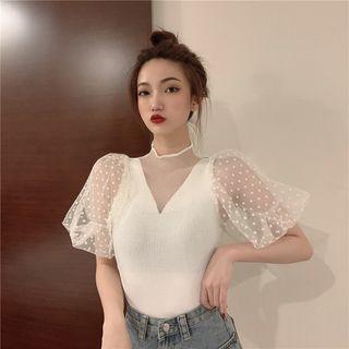 Puffy Mesh-sleeve Knit Top