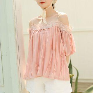 Elbow-sleeve Off Shoulder Cutout Chiffon Top