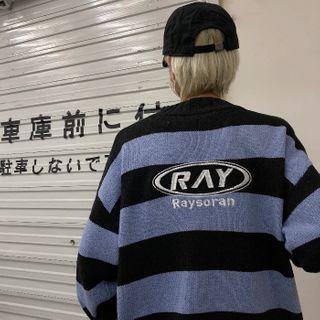 Lettering Striped Mock-neck Sweater