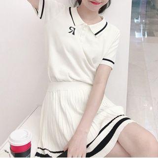 Set: Short-sleeve Knit Polo Shirt + Accordion Pleated Mini A-line Skirt