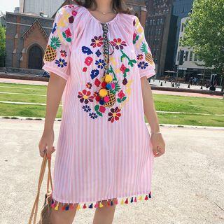 Short-sleeve Floral Embroidery Striped Mini Dress