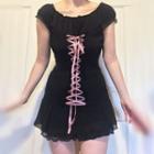 Off-shoulder Ruffled-trim Lace-up Mesh Top
