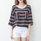 Striped Elbow Sleeve V-neck Top