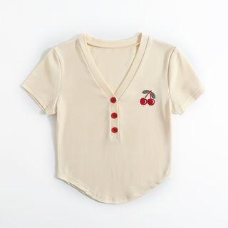 Short-sleeve Embroidered Henley Top