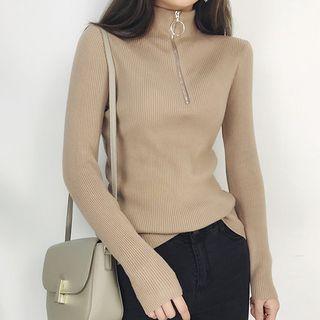 Mock-neck Half-zip Long-sleeve Knit Top