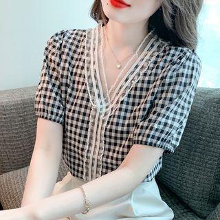 Puff Sleeve V-neck Lace Panel Gingham Blouse