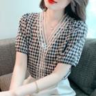 Puff Sleeve V-neck Lace Panel Gingham Blouse