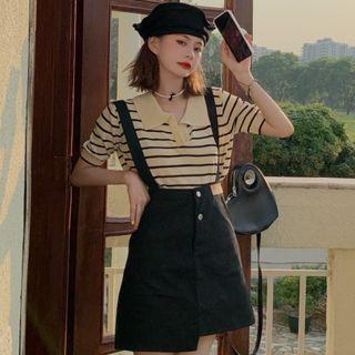 Short-sleeve Striped Polo Shirt / Asymmetrical Button-up Mini Skirt