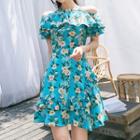 Cold-shoulder Ruffle-trim Floral Printed Mini Dress