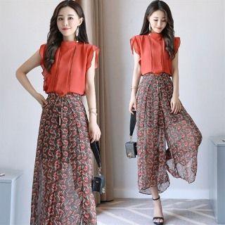 Set: Contrast Trim Chiffon Top + Wide-leg Pants