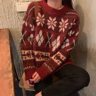 Round-neck Snowflake Pattern Long-sleeve Sweater