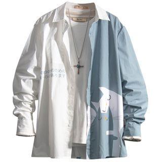 Long-sleeve Two-tone Cartoon Print Shirt