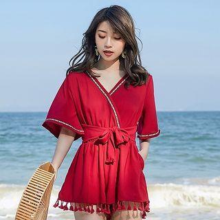 Elbow-sleeve Open-back Playsuit