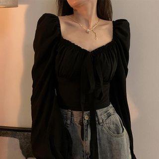 Puff Long-sleeve V-neck Ruched Top