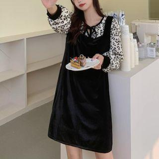 Floral Print Blouse / Velvet Mini Overall Dress
