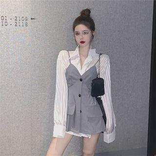 Long-sleeve Striped Shirt / Spaghetti Strap Buttoned Top