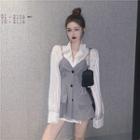Long-sleeve Striped Shirt / Spaghetti Strap Buttoned Top