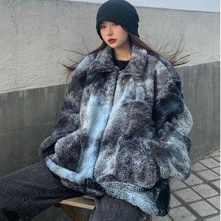 Tie-dye Stand Collar Fleece Zip Jacket As Shown In Figure - One Size