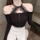 Lace Trim Cold-shoulder Long-sleeve T-shirt