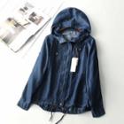Denim Drawstring Zip Hooded Jacket Dark Blue - One Size