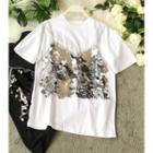 Mock Two-piece Short-sleeve Sequined Paneled T-shirt