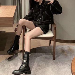 Set: Contrast Stitching Jacket + Mini A-line Skirt