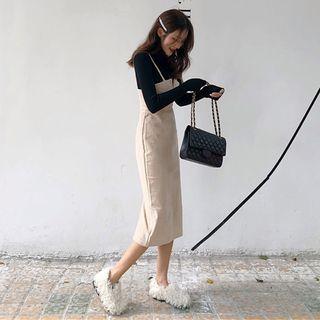 Set: Long-sleeve T-shirt + Midi Suspender Skirt