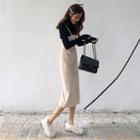 Set: Long-sleeve T-shirt + Midi Suspender Skirt