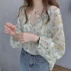Long-sleeve Floral Blouse Floral - Light Green - One Size