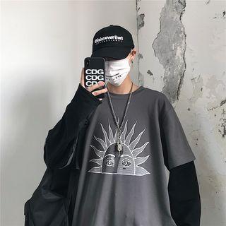 Couple Matching Mock Two-piece Sun Print Long-sleeve T-shirt