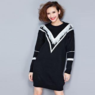 Fringed Contrast-trim Sweater Dress