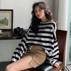 Balloon-sleeve Stripe Crop T-shirt