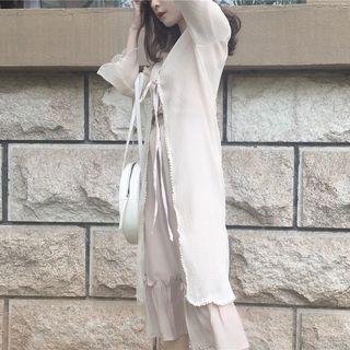 Bell-sleeve Plain 3/4-sleeve Chiffon Long Jacket