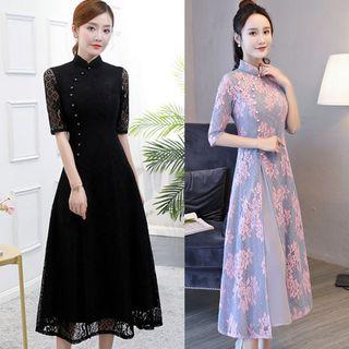 Elbow-sleeve Traditional Chinese Lace Midi A-line Dress
