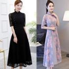 Elbow-sleeve Traditional Chinese Lace Midi A-line Dress