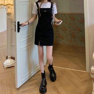 Set: Short-sleeve Crew Neck T-shirt + Mini Overall Dress
