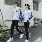 Couple Matching Printed Color Block Collared Long-sleeve T-shirt / Cropped Harem Pants
