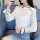 Frill Trim Lace Panel Long-sleeve Top
