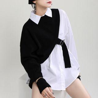 Set: Shirt + One-shoulder Sweater Shirt - White - One Size / Sweater - Black - One Size