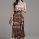 Set: Sleeveless V-neck Blouse + Chain Print Midi A-line Skirt